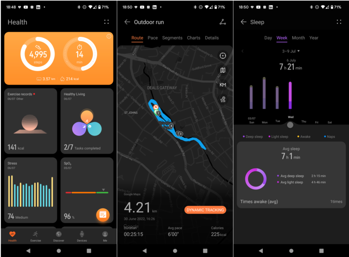 Zrzuty ekranu aplikacji Zdrowie Huawei na Androida, pokazujące przebieg, licznik kroków i dane analizy snu